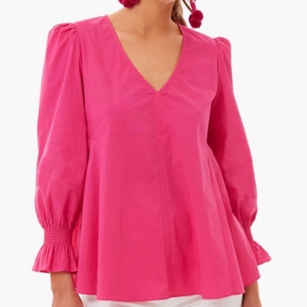 Pomander Place Hot Pink V-Neck Puff Sleeve Blouse